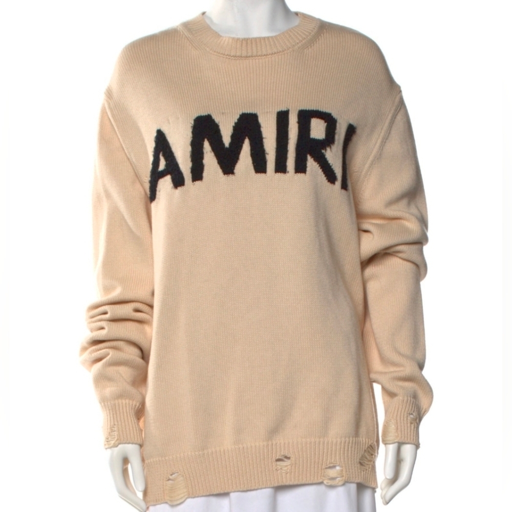 AMIRI Beige Knit Logo Pullover Sweater Crew Neck Long Sleeve Size Large